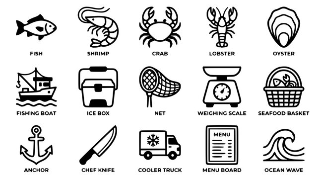 Seafood icons and kitchen tools illustration set for restaurant design