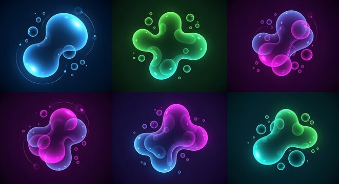 Abstract glowing fluid shapes and liquid bubbles in neon colors