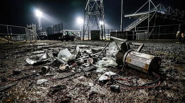 Shattered remnants of a Field-Pro 1500W stadium light fixture with broken glass and exposed wiring laying on muddy ground at night in a sports stadium with floodlights.