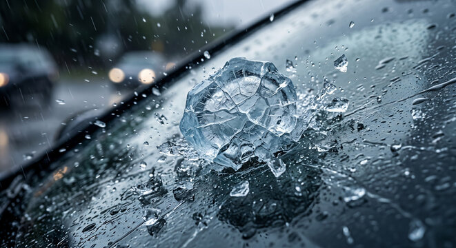Large hailstone smashing into a car windshield during a severe rainstorm