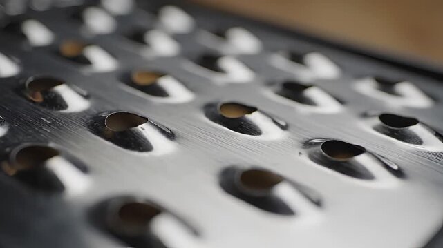 Close up macro shot of a metal cheese grater surface.
