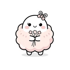Obraz premium Cute cartoon sheep face with floral headband smiling.