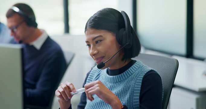 Call center, telemarketing and happy woman with talking, sales or outbound communication. Friendly, agent and smile with headset for customer review, feedback and contact solution on computer