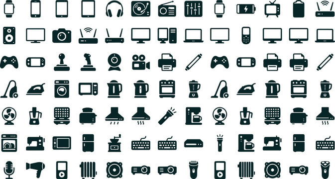 Modern electronic device icons set, black minimalist technology symbols, home appliance and consumer electronics vector collection for web design