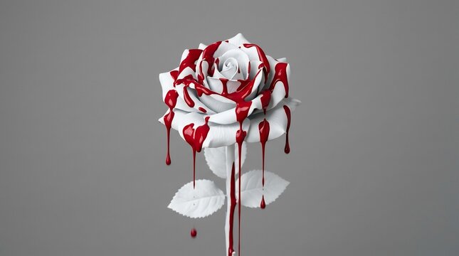 White rose dripping red fluid against gray backdrop