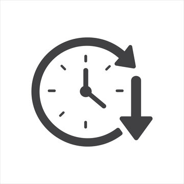 Flat vector icon of clock with circular arrow and down arrow, cycle time reduction