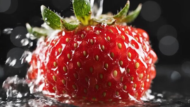 Closeup of a fresh strawberry being washed with water.