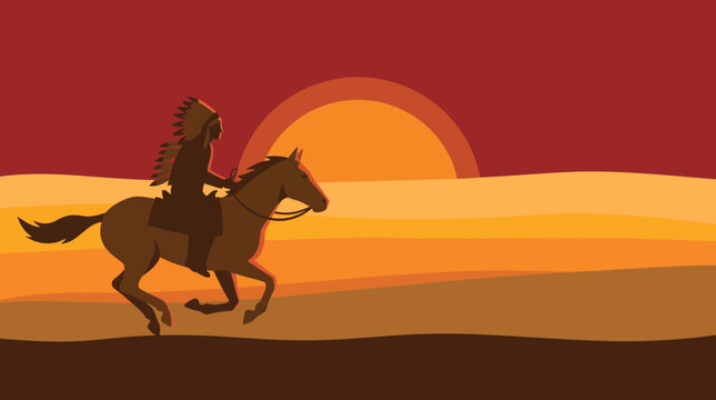Apache Horseman Riding Across Open Prairie at Sunrise