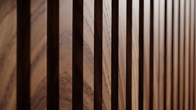 Closeup of a wooden slatted wall with warm lighting and shadows.