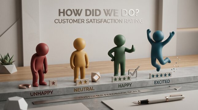 Customer satisfaction rating scale with colorful 3d characters representing feedback levels on a modern desk environment setup