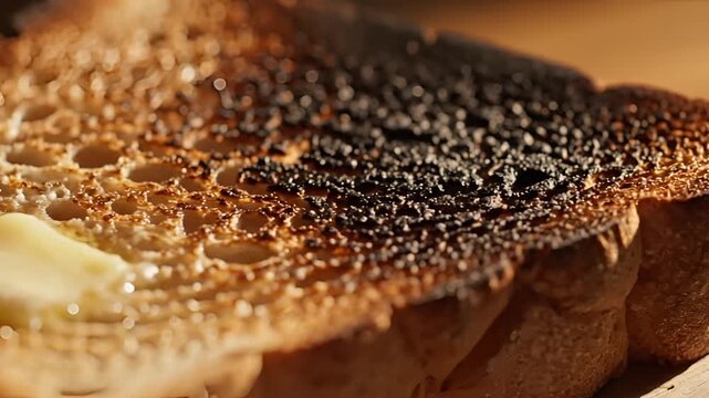 Closeup of burnt toast with melting butter a culinary mishap.