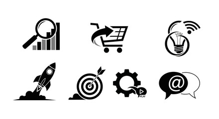 Set of business and technology icons including shopping cart target and communication symbols on white background © Pabitra