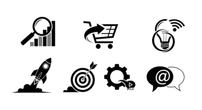 Set of business and technology icons including shopping cart target and communication symbols on white background