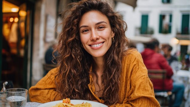 Smiling woman enjoying a meal at an outdoor restaurant in a European city