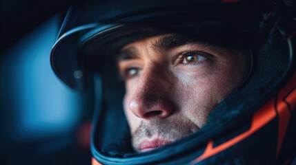 Obraz premium Focused race car driver wearing a helmet, looking forward with determination