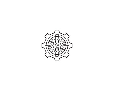 Minimalist icon combining gear outline with inner circuit lines, clean design symbolizing integration of mechanical engineering and digital technology, automation, robotics, or Industry 4.0, simple