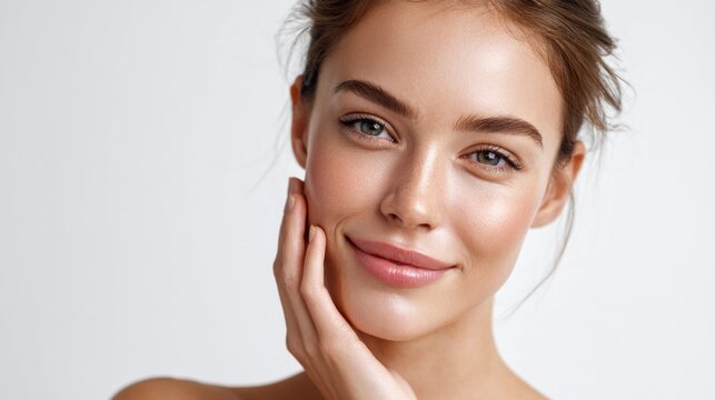 Beautiful woman with flawless skin gently touching her face and smiling