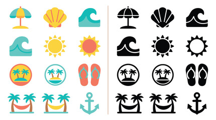 Collection of colorful and black and white summer vacation icons, perfect for web design and travel themes. © Feldway