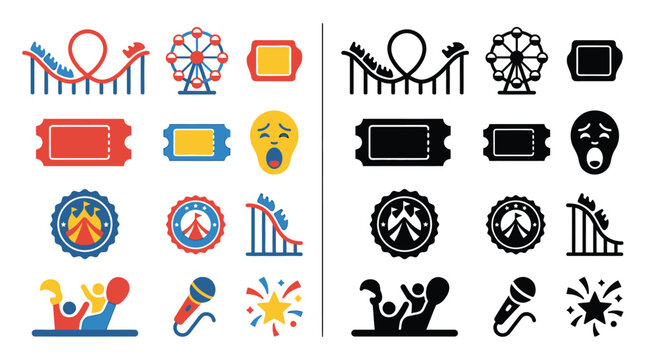 Collection of Flat Icons Representing Amusement Park and Carnival Elements.
