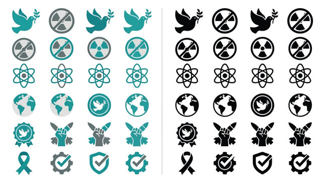 Collection of icons representing peace, nuclear disarmament, science, global connection, and social causes.