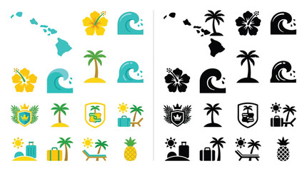 Collection of Hawaiian themed icons and symbols in both color and silhouette for travel and vacation themes. © Feldway