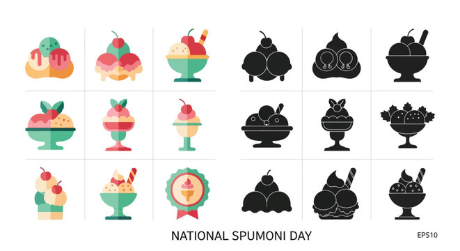 Collection of Spumoni Ice Cream Desserts in Flat Design and Silhouette Styles.