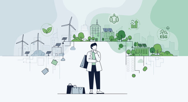 ESG concept person in sustainable city with wind turbines and green houses
