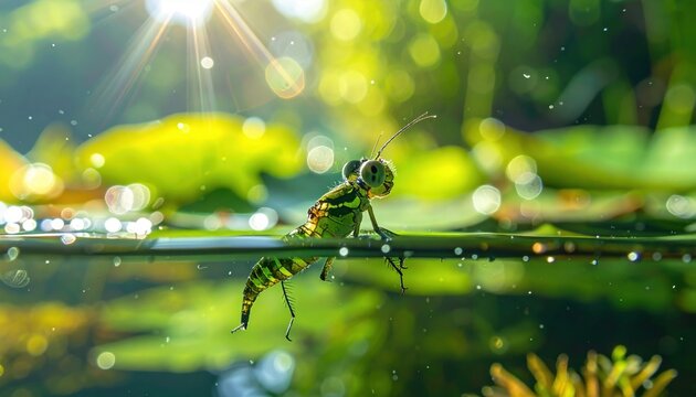 Dragonfly nymph perched on a stem in sunlit shallow water, showcasing intricate details of aquatic insect life