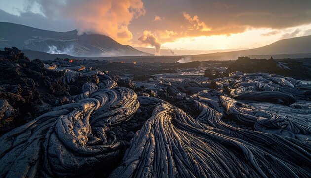 Dramatic Volcanic Landscape with Flowing Lava and Ash Clouds at Sunset
