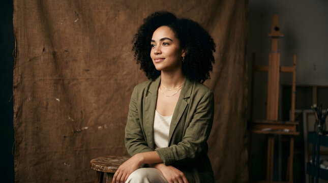 Smiling young woman with beautiful curly hair looking away in a creative studio, exuding an artistic and thoughtful demeanor, inspiring creativity and self-reflection