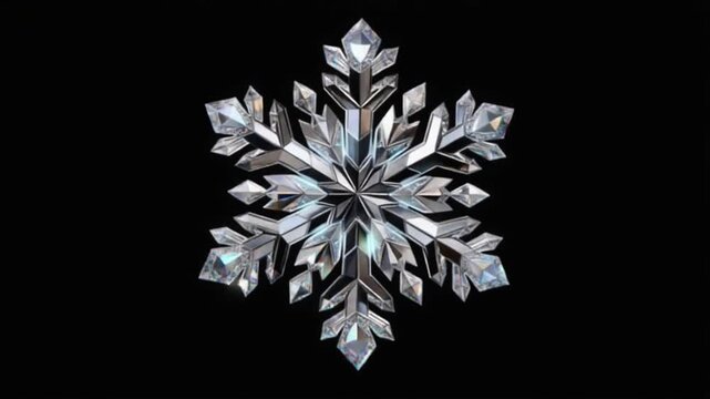 A detailed snowflake rotating slowly counterclockwise with soft shimmer highlights on a deep black background. Clean winter motion graphic for holiday and seasonal themes.&rdquo;