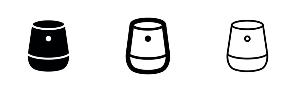 Three smart speaker icons in solid fill, outline, and stroke styles.