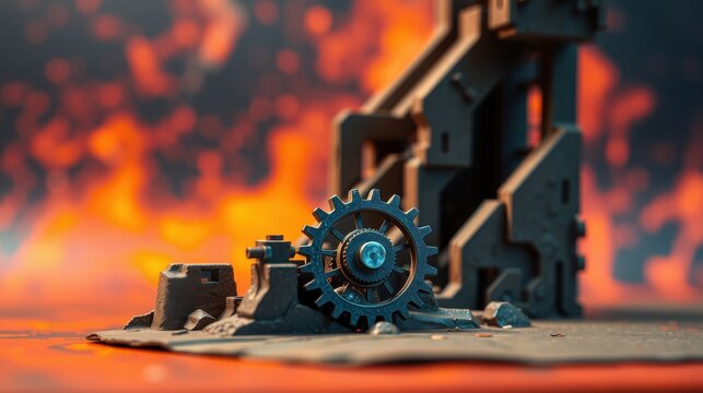 Ruined structure amid intense flames. Gears, debris suggest destruction, chaos. Dramatic lighting emphasizes devastation, heat.