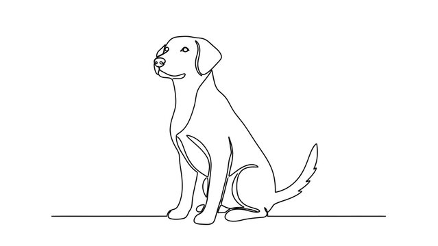 A minimalist continuous line drawing of a seated dog looking to the side