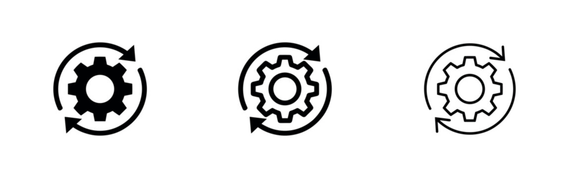 Recycle gear icon: cogwheel with circular arrows, representing process or rotation, solid and outline
