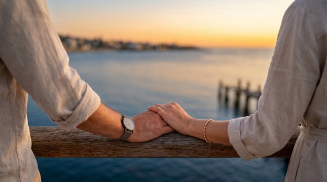 Couple holding hands on a wooden pier overlooking the ocean at sunset with warm golden hour light and soft blurred background