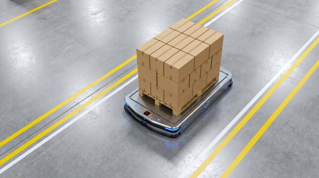 Autonomous mobile robot moving cargo pallet on polished warehouse floor