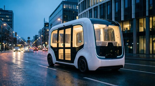 Autonomous electric shuttle bus driving on clean urban street at blue hour