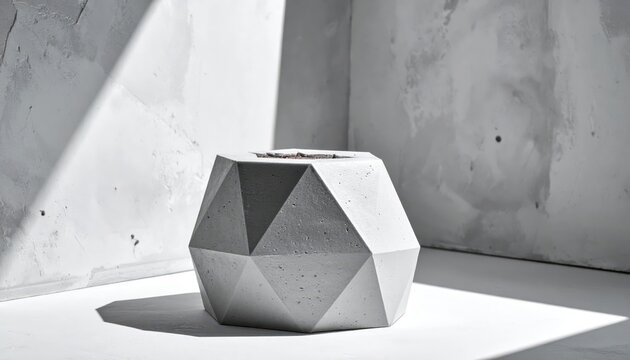 A modern concrete vase with sharp geometric angles, showcasing minimalist architectural design in soft light