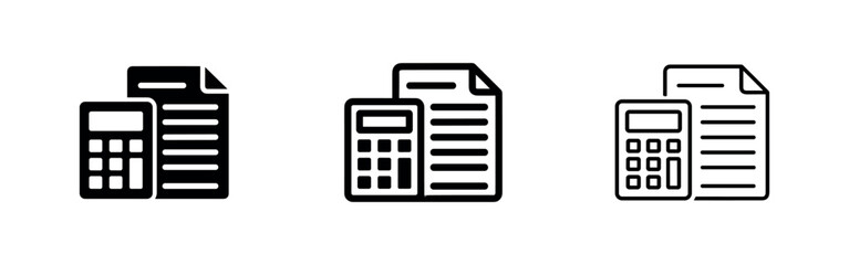 Fototapeta premium Calculator and document icon set. Accounting, finance, and budgeting concept in solid, outline, and line styles.