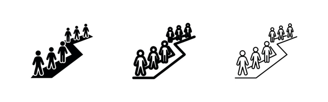Group of people walking up a zigzag path icon set. Progress and team journey concept in multiple styles.