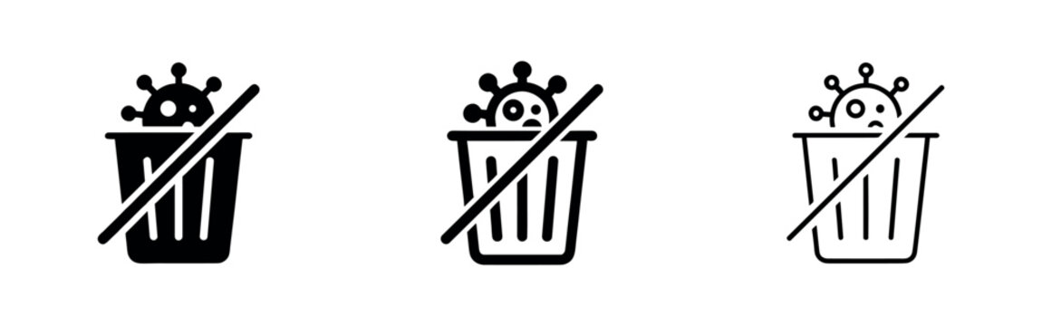 Trash bin with crossed-out virus icon set. Virus disposal and decontamination concept in multiple styles.