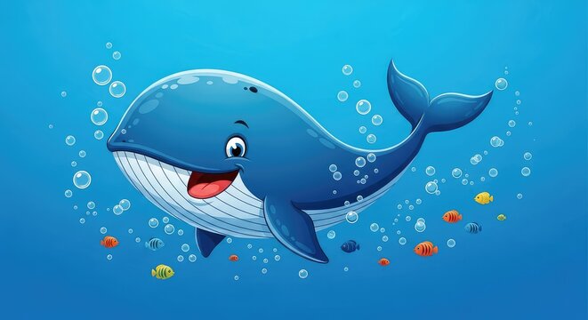 Una simpatica illustrazione vettoriale di una balena blu sorridente che nuota gioiosamente in un oceano azzurro con bolle e piccoli pesci, splash, sea, water