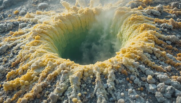 Volcanic Fumarole Mineral Crystal Deposition Sulfur Yellow Green Geological