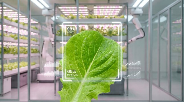 Smart farming agritech interface analyzing plant health in automated indoor greenhouse