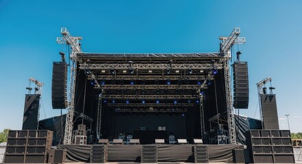 Fototapeta premium Vibrant outdoor music stage set against a bright blue sky during a sunny day festival with professional lighting rigs and audio equipment, show, celebration, sunshine