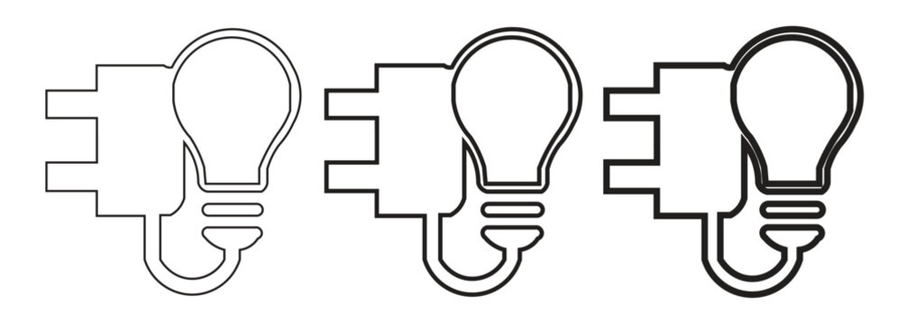 Minimalist light bulb and electric plug icon set, creative energy concept vector, black line art power and idea symbols for sustainable technology