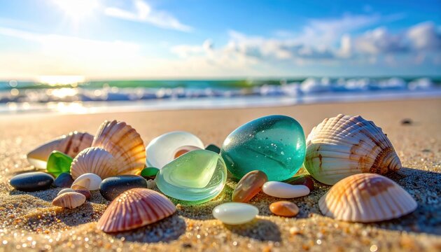 Beach treasures including polished glass and seashells resting on sandy shore with ocean waves and sky backdrop