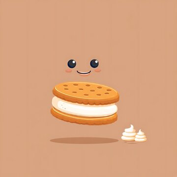 Cute cartoon illustration of smiling face and donut stack on wooden surface.