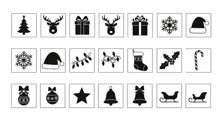 Christmas icons set including tree reindeer gifts hat snowflake stocking candy and ornaments on white background © Pabitra